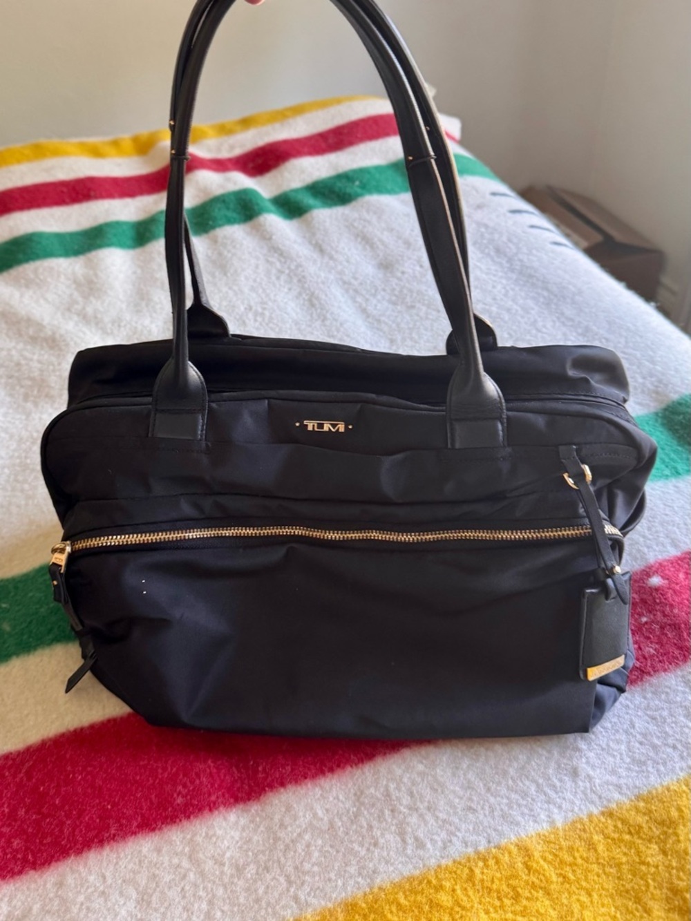 Tumi Black Leather Logo Patch Tote with Gold Accents